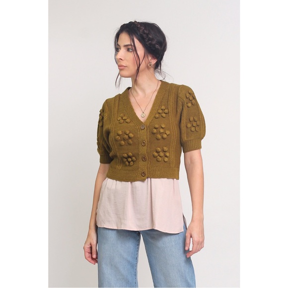 Endless Blu Puff Sleeve Pom Pom Cardigan - Picture 1 of 11